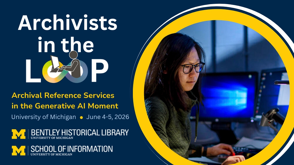 Graphic with the text Archivists in the Loop and an image of people working in an archival reading room.