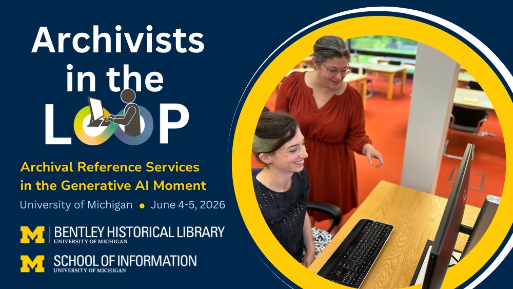 Graphic with the text Archivists in the Loop and an image of people working in an archival reading room.