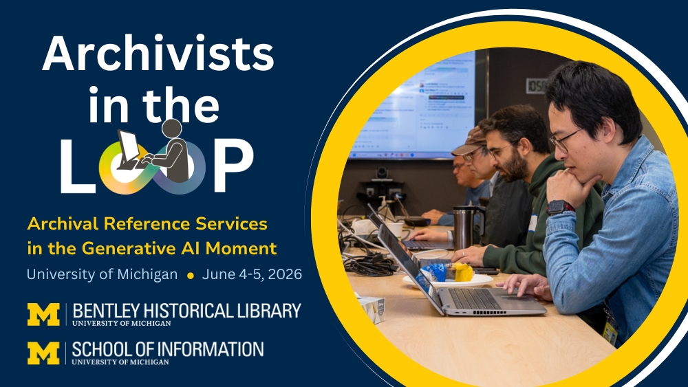 Graphic with the text Archivists in the Loop and an image of people working in an archival reading room.