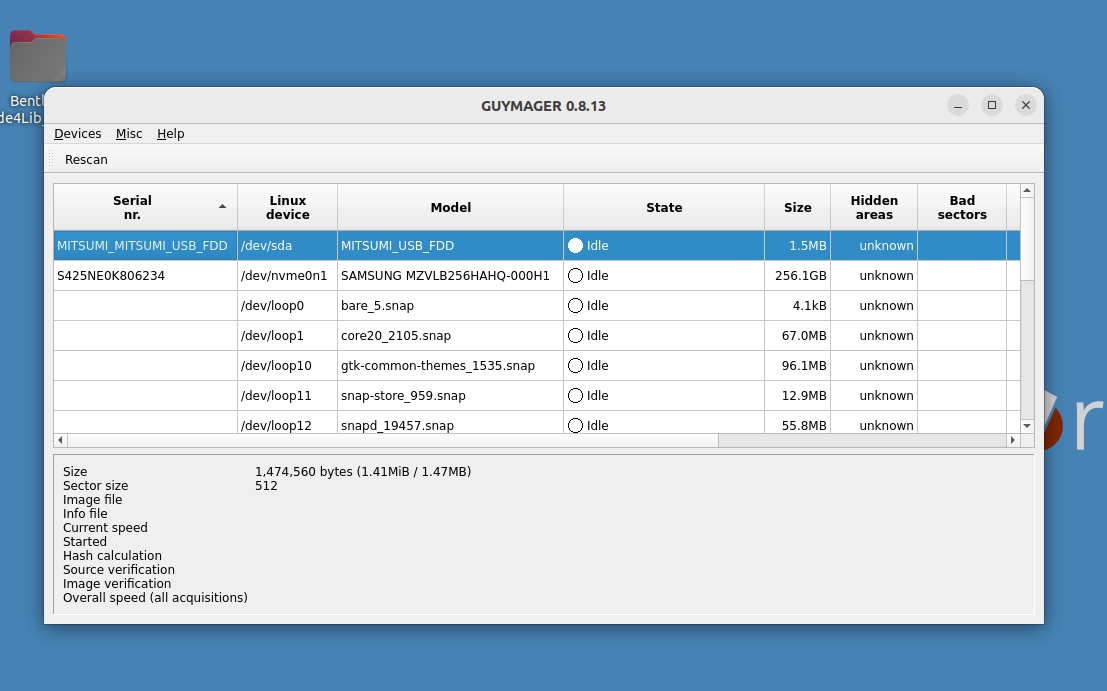 Screenshot of the 3.25 inch floppy drive selected in the Guymager interface