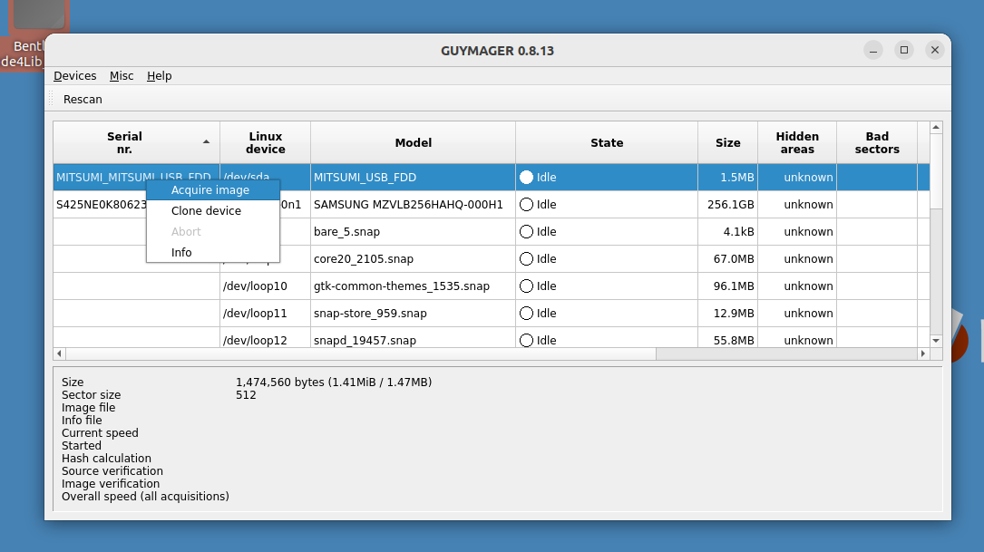 Screenshot of the Acquire Image action highlighted