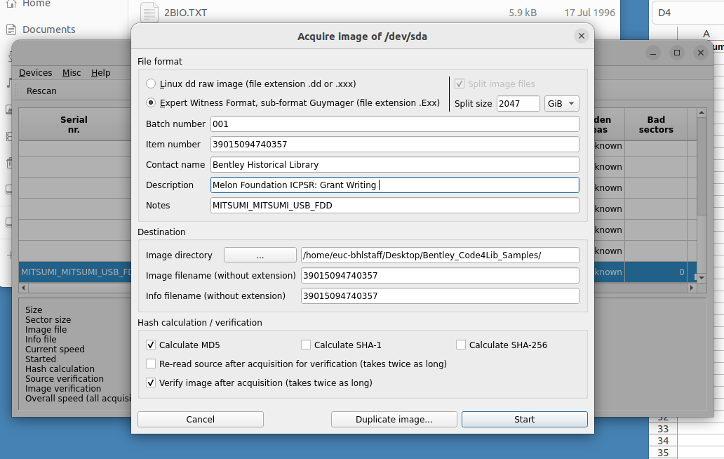 Screenshot of the Acquire Image dialog box with completed metadata